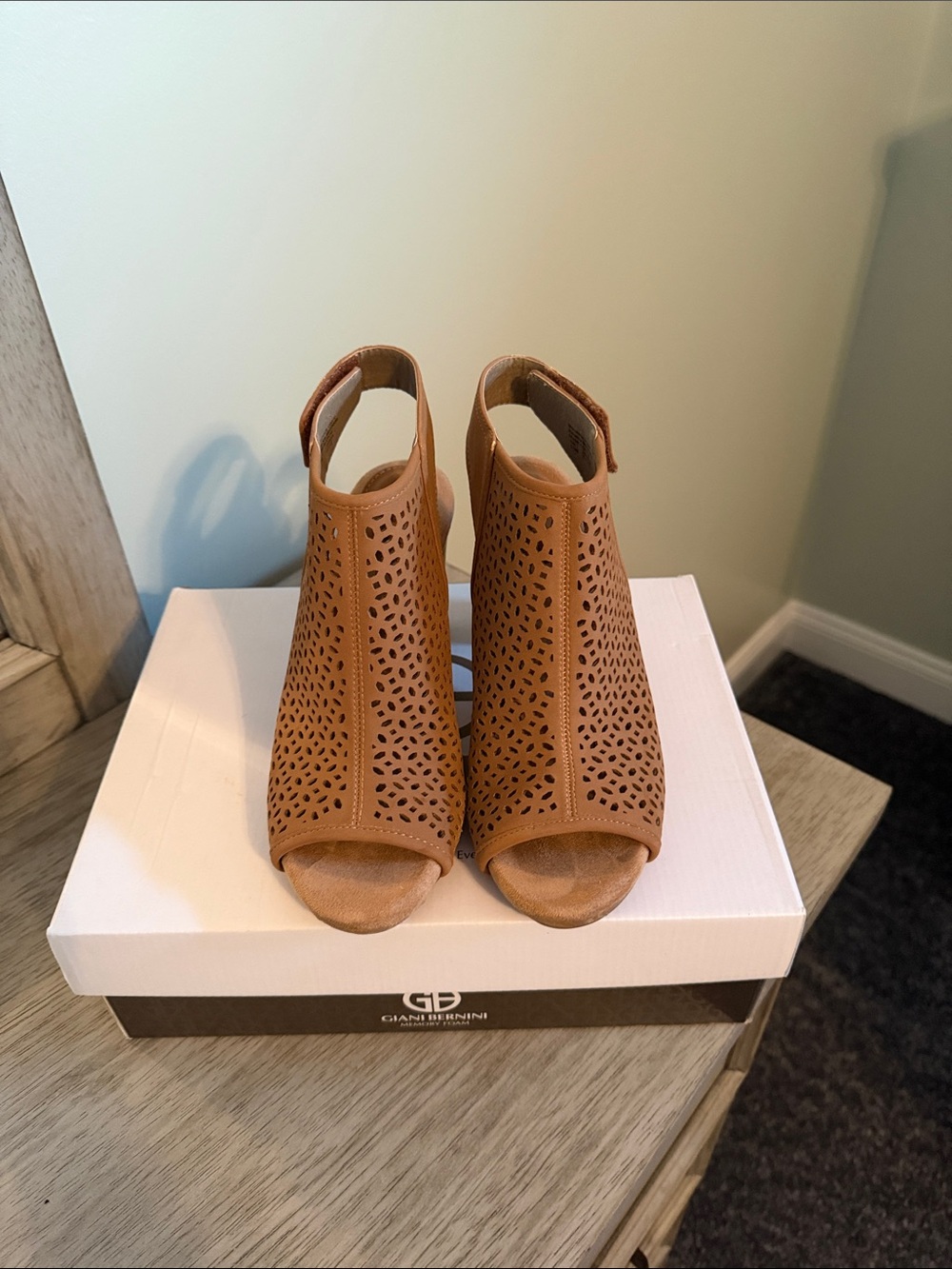 Gianni Bini Tan Laser-Cut Peep-Toe Ankle Strap Heels